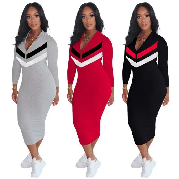 

New European and American women's fashion urban casual dancing zipper long sleeve dress, 3 color