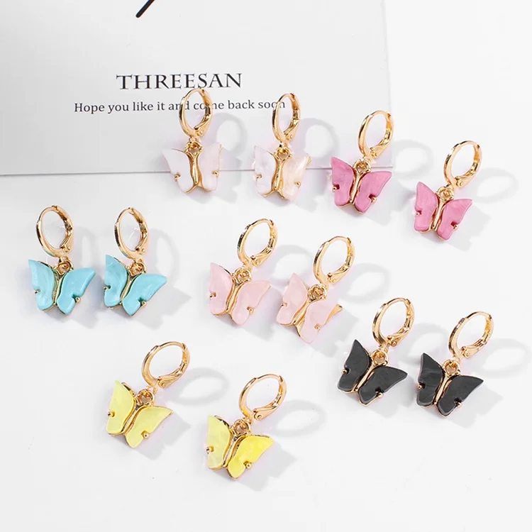 

Boho Summer Color Resin Small Butterfly Earring Clip On Huggie Earrings Acrylic Butterfly Hoop Earrings, As picture .