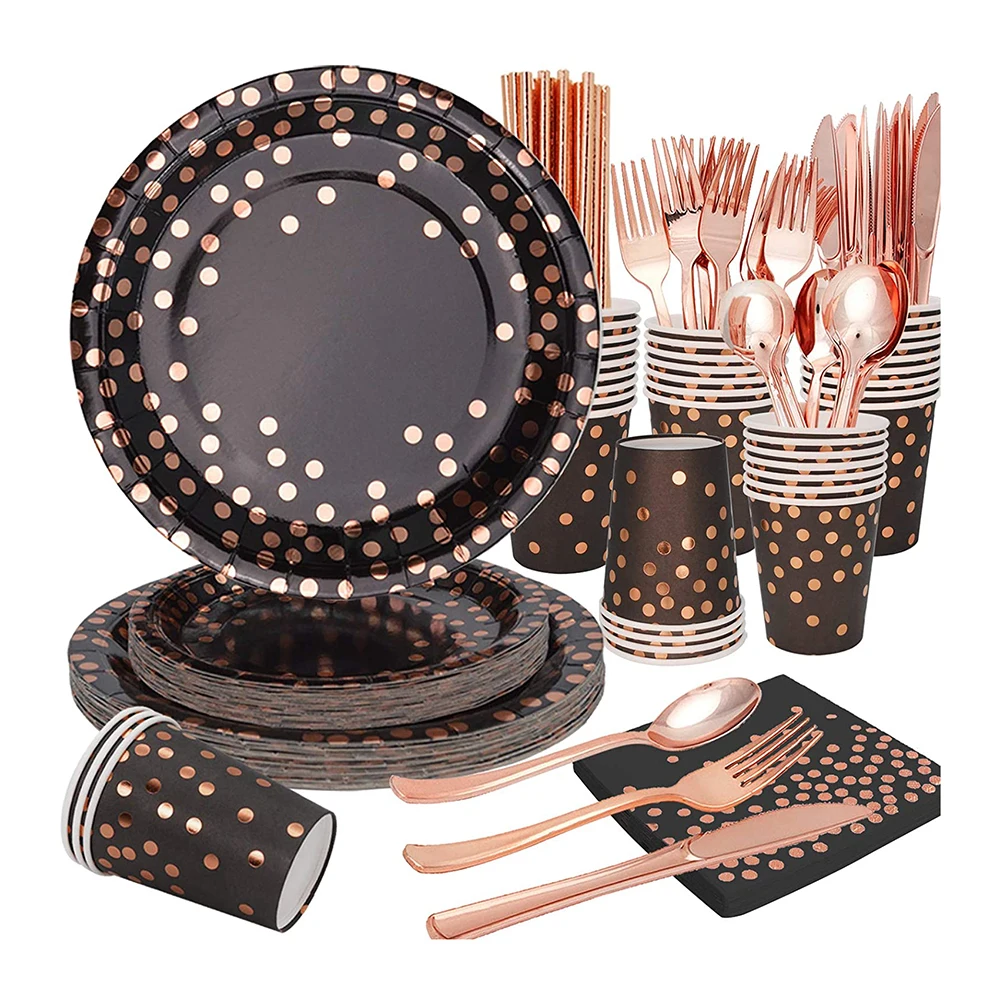 

Black and Pink Dinnerware Set Party Supplies Birthday Weeding Baby Shower Disposable Black Paper Plates, Black and rose gold