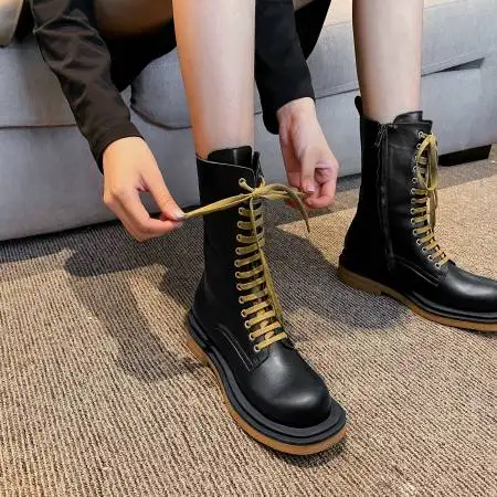 

Western Style Designer Inspired Famous Brand TPR Outsole Women Fashion Martens Fall Combat Boots, Black