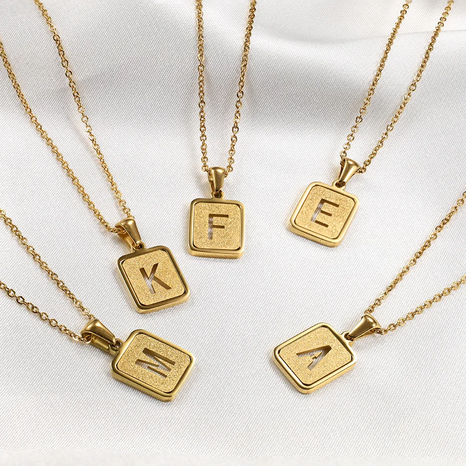 

New Stainless Steel Gold Plated 26 Alphabet Block Pendant Necklace Link Chain No Fade Frosted Texture Initial Letter Necklace