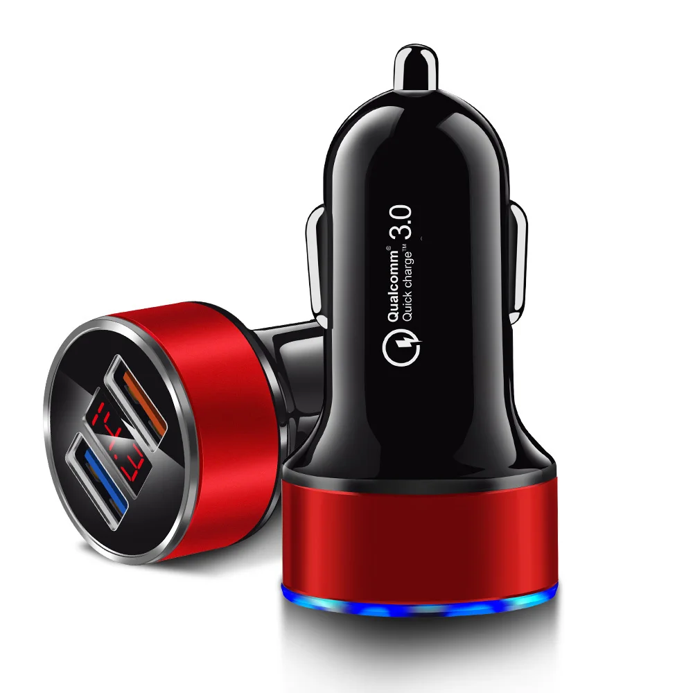

Factory Direct Sale 30W 2 Port Quick Charging QC 3.0 Mini Dual Usb Car Charger With Led Display, Silver black blue red gold