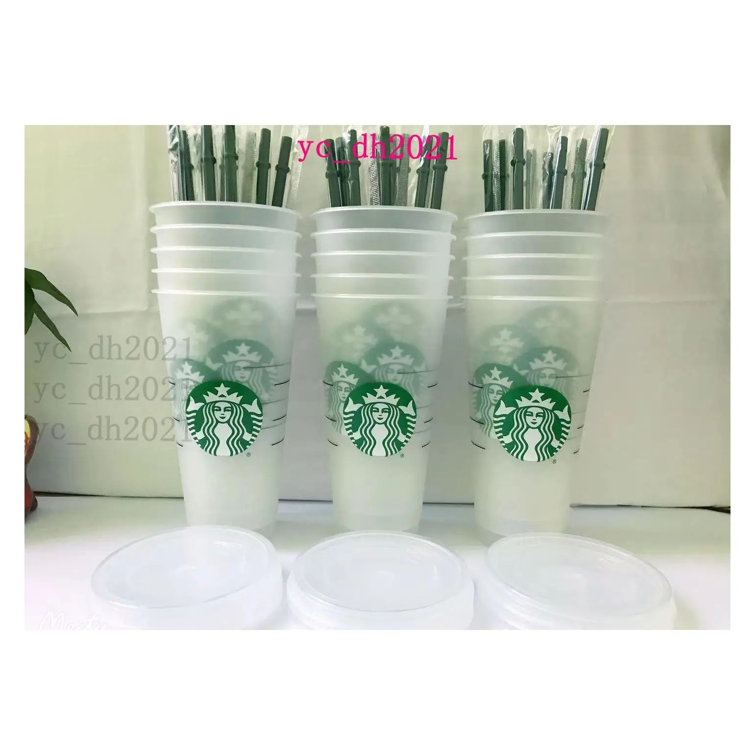 

Starbucks 24Oz710Ml Plastic Tumbler Reusable Clear Drinking Flat Bottom Cup Pillar Shape Lid Straw Mug Bardian 50Pcs Dhls