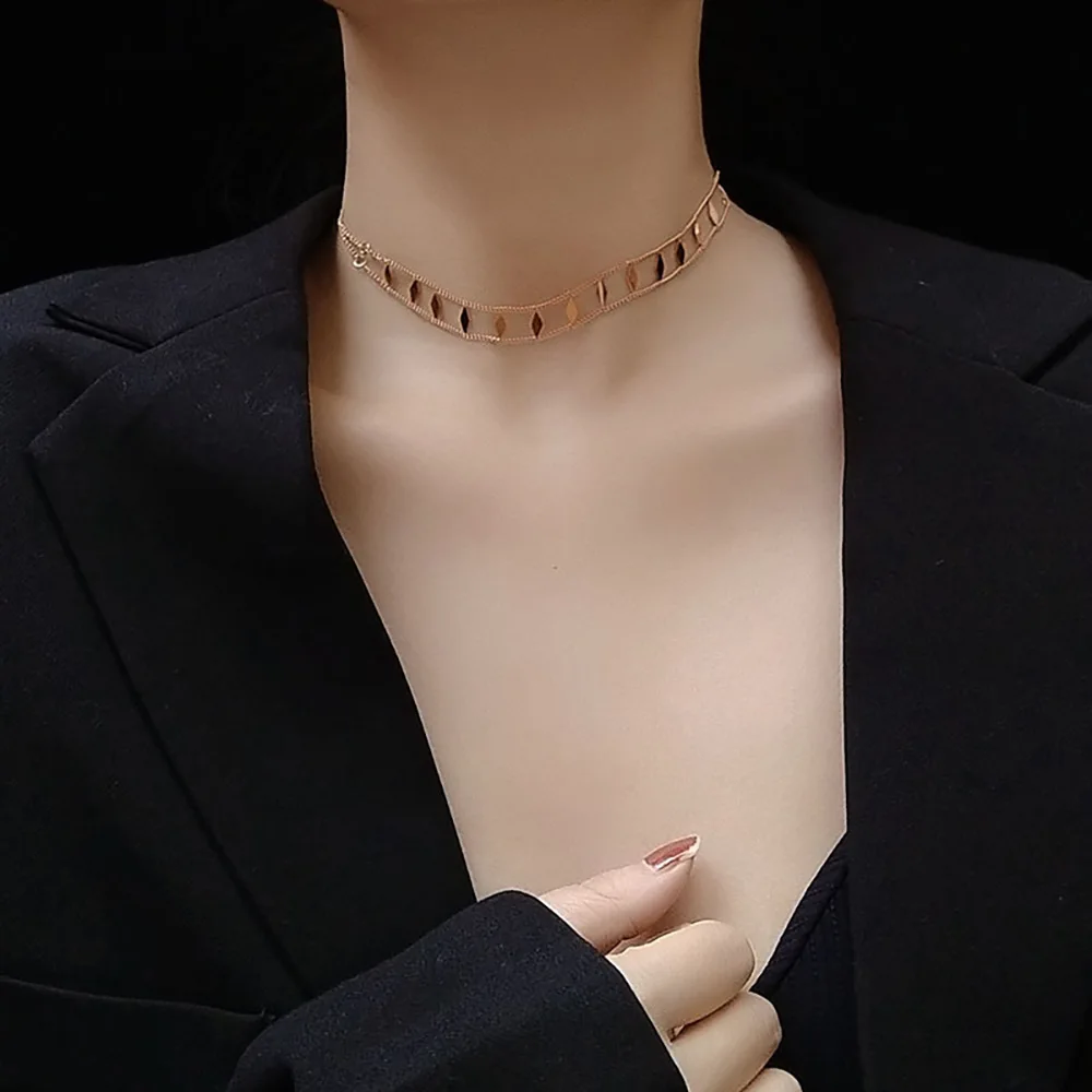 

Stainless steel sequins sexy wide clavicle collar geometric rhombus 18k gold women necklace choker chains, Steel/gold/rose gold