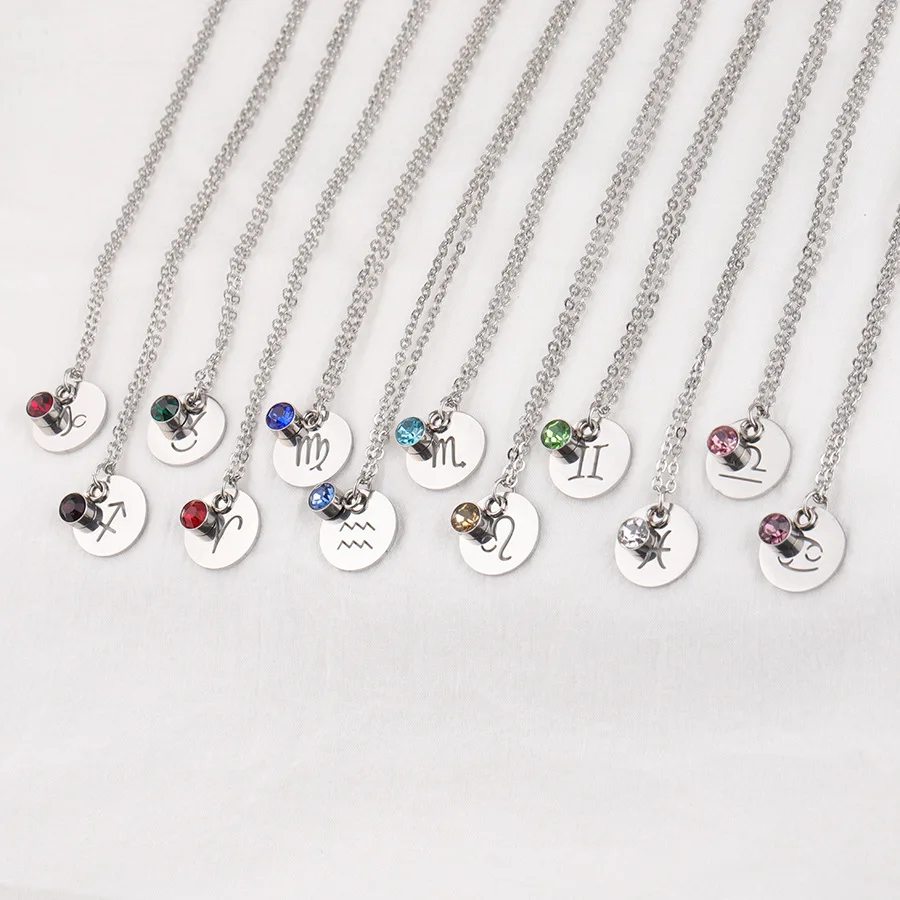 

Handmade Engraved Dise Charm Zodiac Signs Birthstone Necklace Multicolor Fashion Charm Stainless Steel Necklace Pendant, As picture show