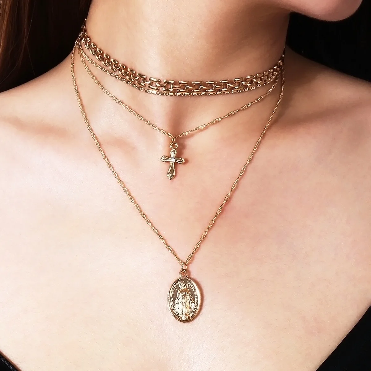 

Multilayer Cross Virgin Mary Pendant Beads Chain Christian Necklace Goddess Catholic Choker Necklace jewelry accessories