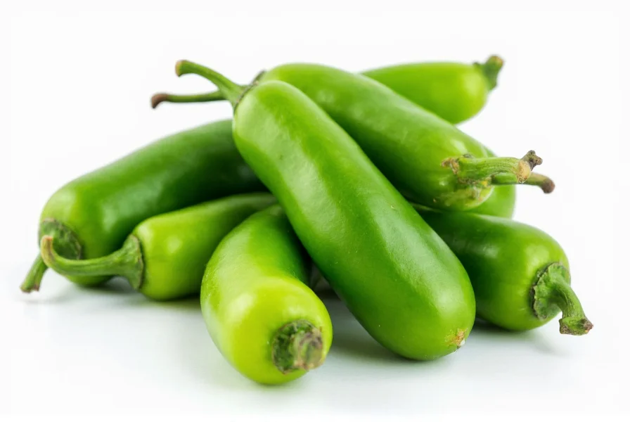 Close-up of fresh green serrano peppers on white background showing their distinctive smooth skin and tapered shape