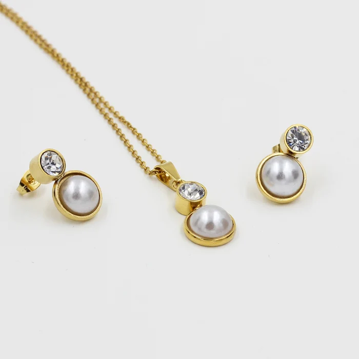 

Bridal Women Jewelry Accessories 18K Gold Plated Pearl Jewelry Sets with Zircon Fashion Necklace Earrings, Gold and steel