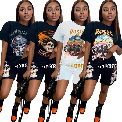 

Summer 2021 new style short sleeve printed round neck casual top and shorts two piece set