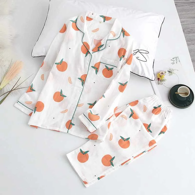 

Japanese spring and autumn new ladies sleepwear suit cotton cute orange long-sleeved trousers home service suit women sleepwear, Required