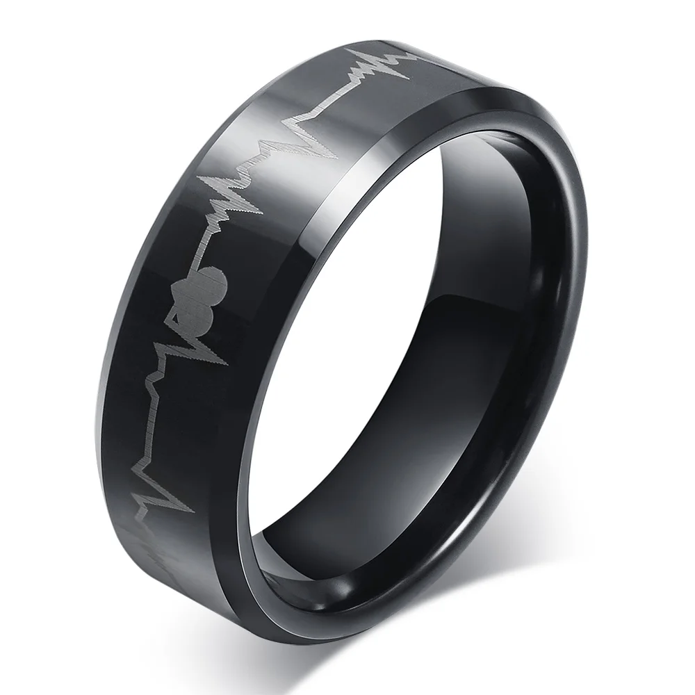 

Poya 8mm Heart Beat Engraved Beveled Edge Black Tungsten Ring For Couple Gift, Customized color