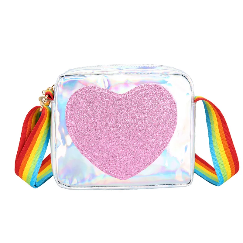 

2021 wholesale small lovely heart print crossbody bag kids hologram glitter purses little baby girl handbag purses, Customized