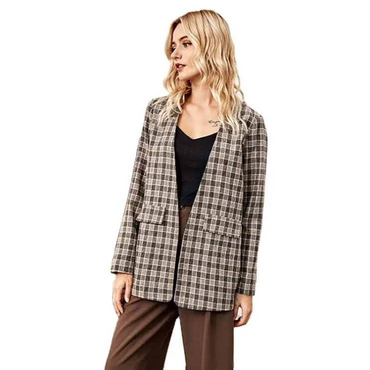 

High quality wholesale casual plaid printed women suits slim fit spring 2021 coat