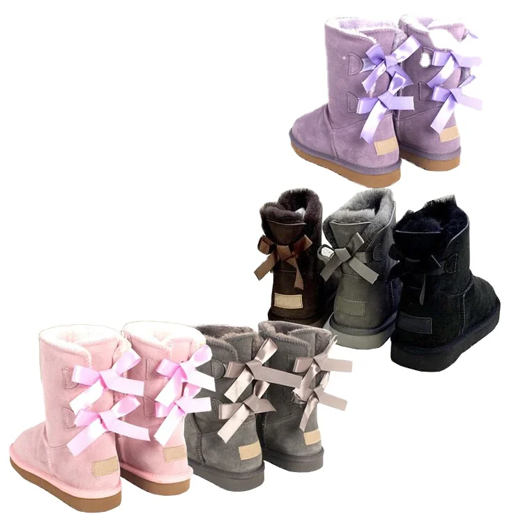 

Wholesale fashion ladies sheepskin kids women winter snow ribbon fur boots with bows 2021, As picture