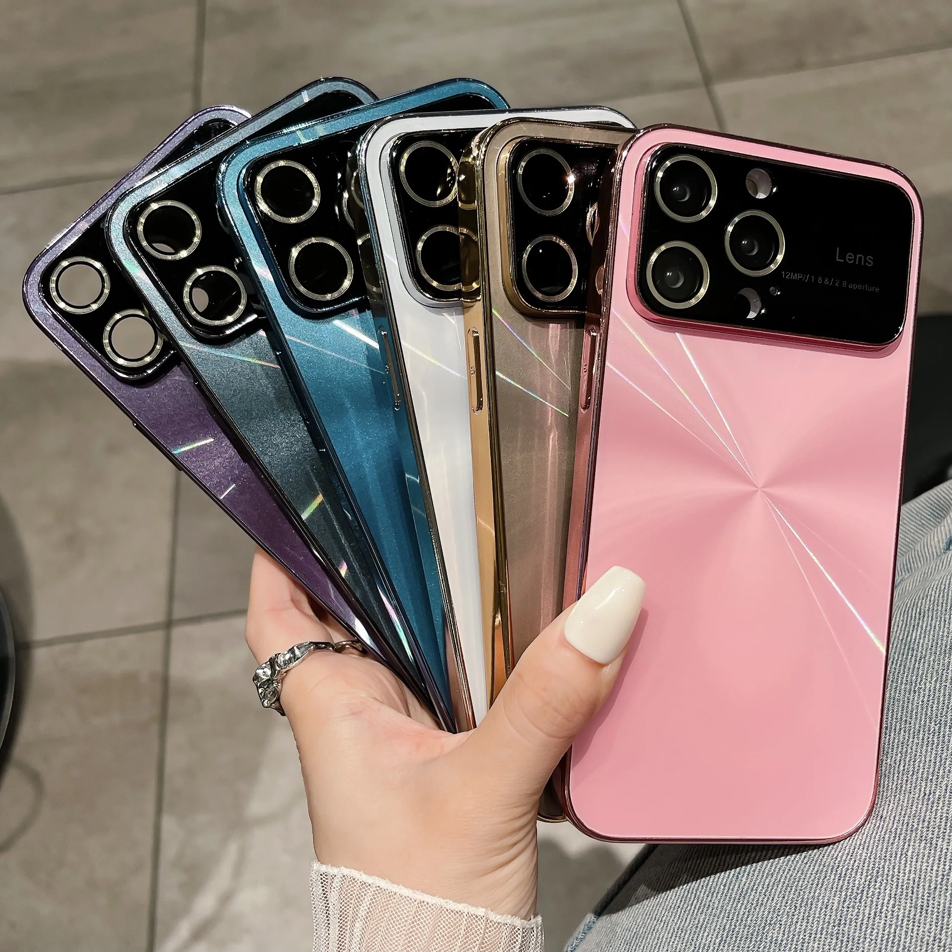 

Luxury Gradient Pure Color Tempered PC Electroplated Big Window Lens Film Protector Case for iphone 14/13/12 pro max