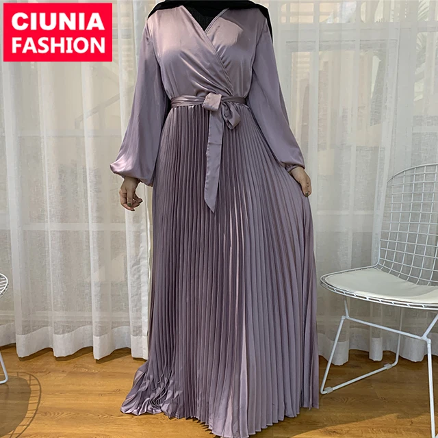 

6377# Luxury Islamic Clothing Satin Pleated Long Maxi Big Hem Modest Fashion Abaya Muslim Dresses For Women, Pink/black/beige/green/mint/ purple