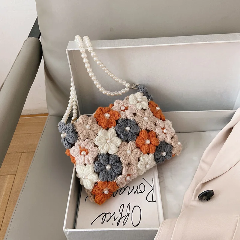 

Flowers Weave Square Bag Pearl Lady Crossbody Bag Underarm Sling Bags Trendy Women Handbags, Customizable