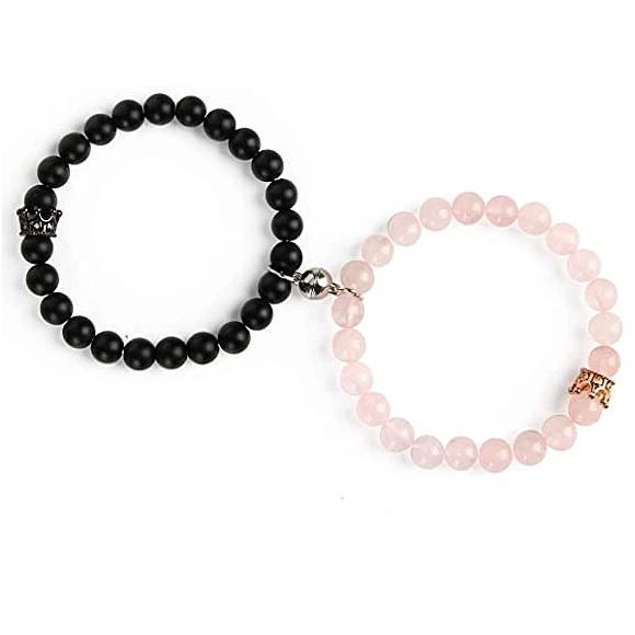 

2021 Trendy Magnetic Beads Bracelet Couple King&Queen Crown Pink Crystal Couple Bracelets, Picture shows