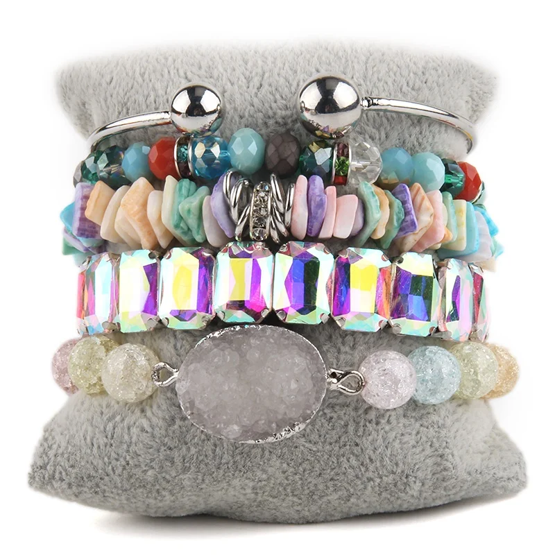 

Fashion Bohemia Jewelry Crystal Glass Bracelet Stone Gravel and Druzy Charm Alloy Bangle 5pc Stack Bracelets Set