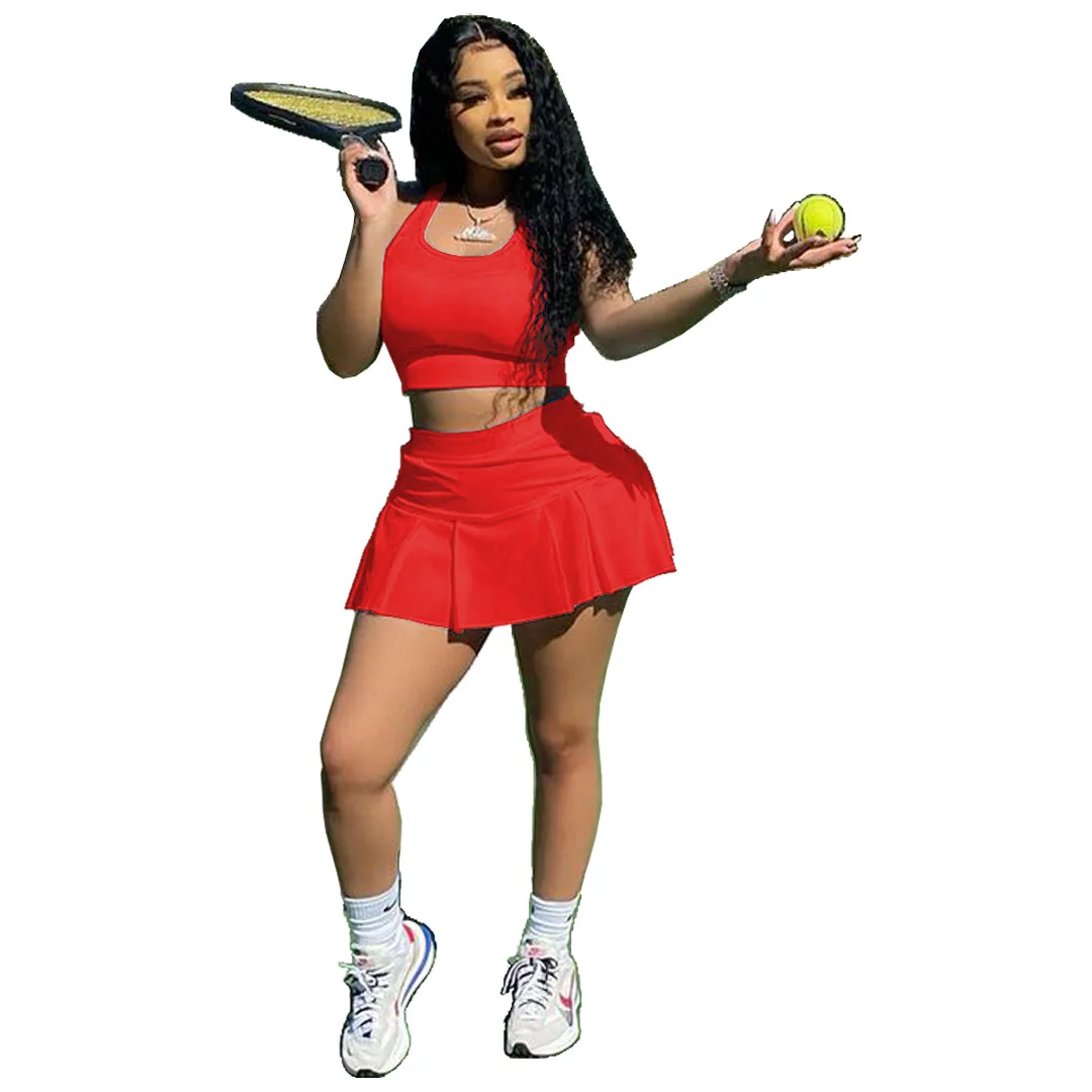 

2021 tennis skirt set Cusotm Solid Color Women Tennis Plus Size Crop Top Vest & Skirt 2 Piece Outfit Two Piece Skirt Sets, Pls see the color column