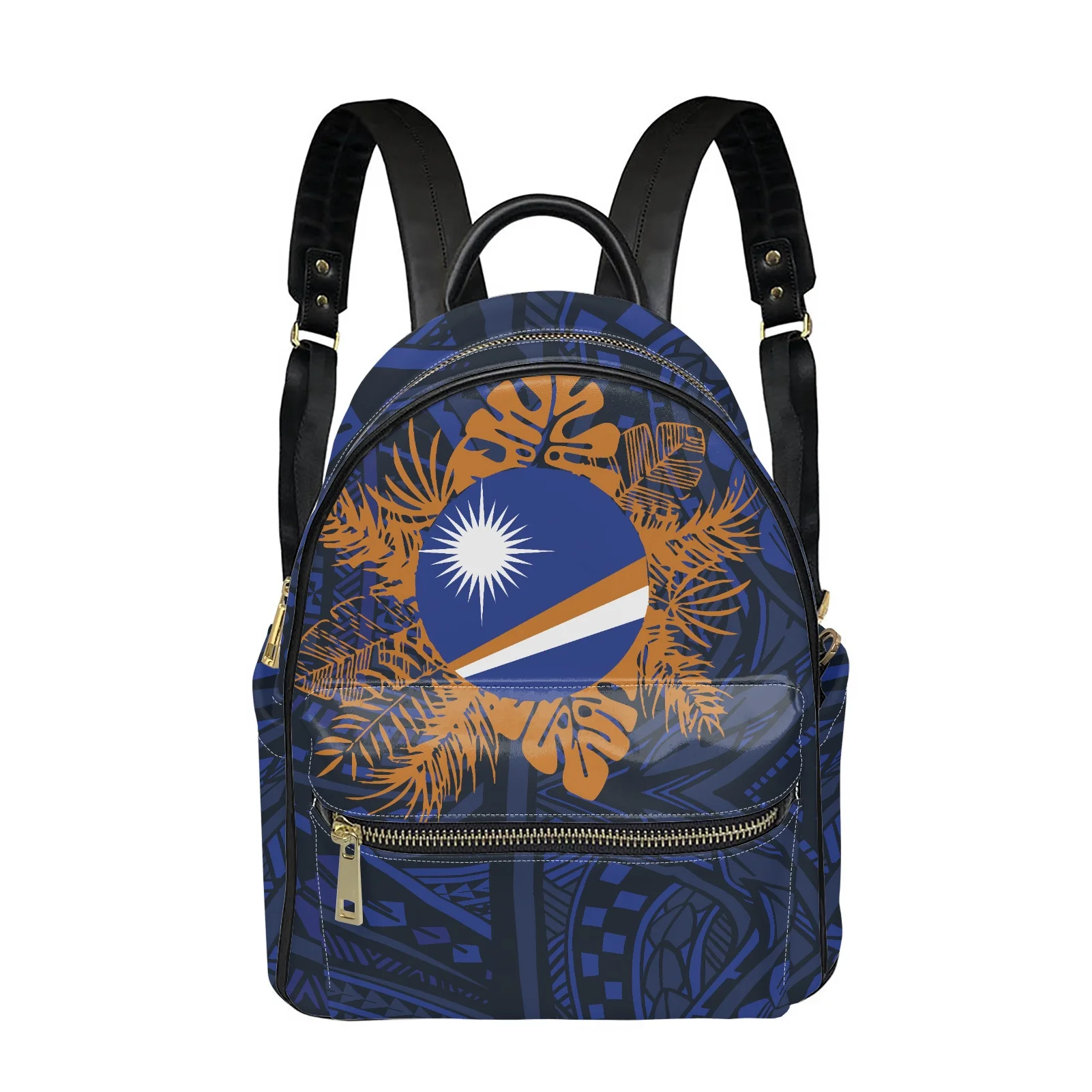 

Marshall Islands Tribal Blue Printed Leather Backpack for Women Handbags Convertible Ladies Fashion Casual Travel Daypack Bags, Customized color