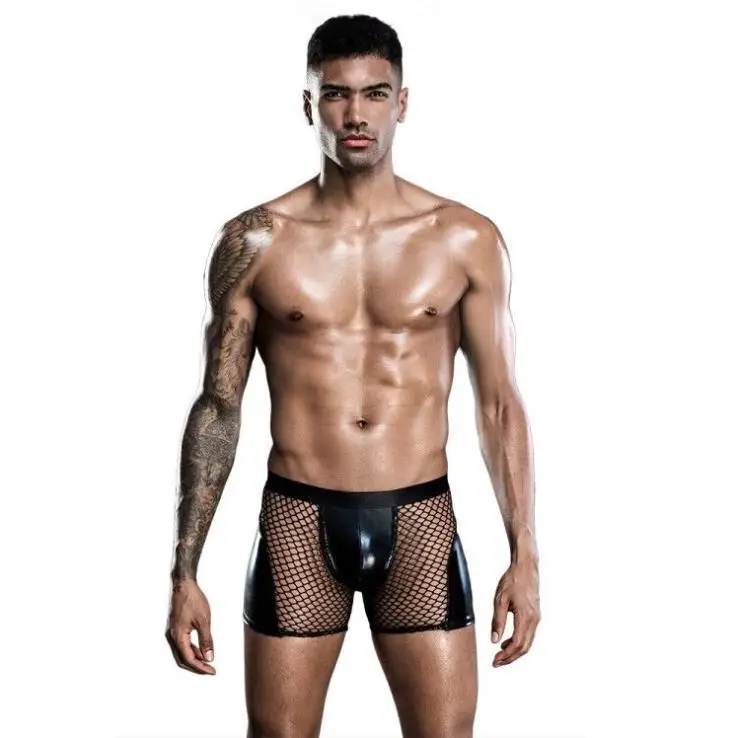 

Men's Underwear Mesh Sexy PU Leather Patchwork Transparent Black Boxer Shorts Panty Underpants for Men