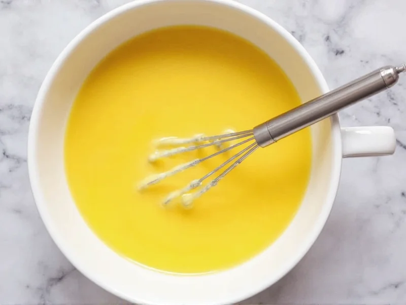 Whisking egg and milk mixture in ceramic bowl