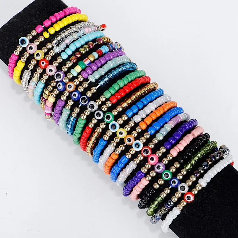 

Handmade Bead Stretch Bracelets Bohemian Jewelry Colorful Seed Beads Evil Eyes Bracelet Couple