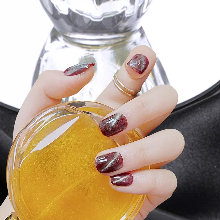 

Short Square tip Wine red Cat eye french false nails press on nails adhesiv