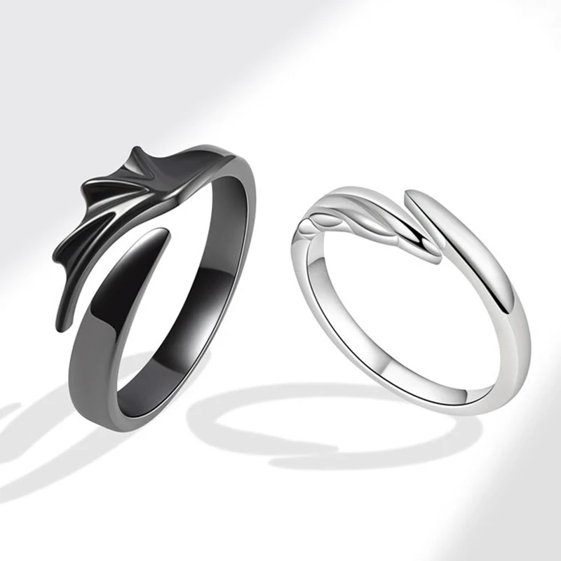Valentine's Day Gift Black Gun Silver Plated Adjustable Angel Devil Couple Rings Jewelry For Lovers
