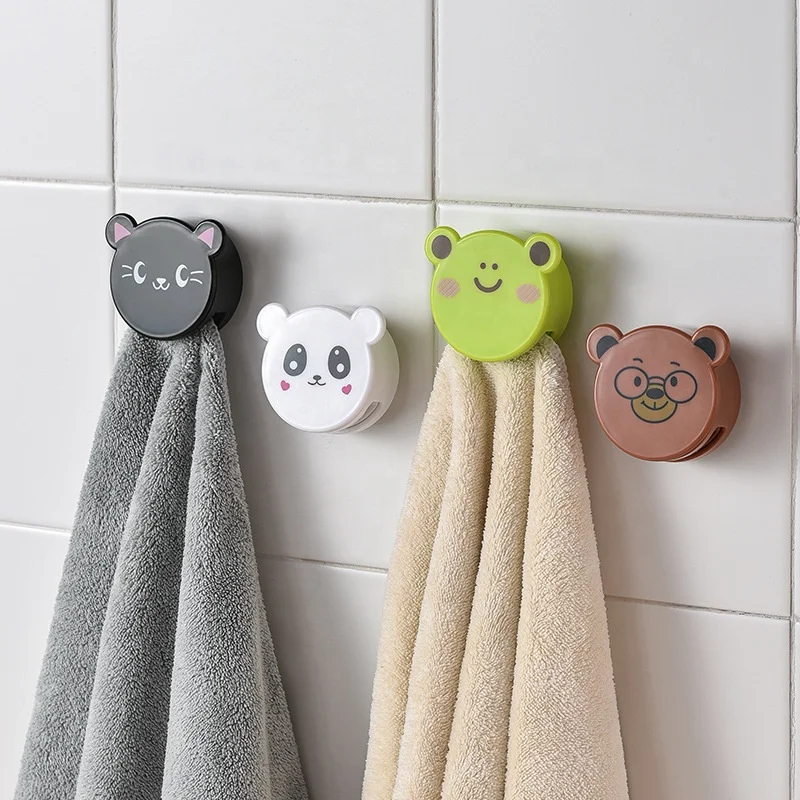 

Cartoon Spring Pressed Towel Rack Easy to Use Bathroom Wall Hanging Bathroom Kitchen Utensils Tower Clip Adhesive Hooks, White, green, black