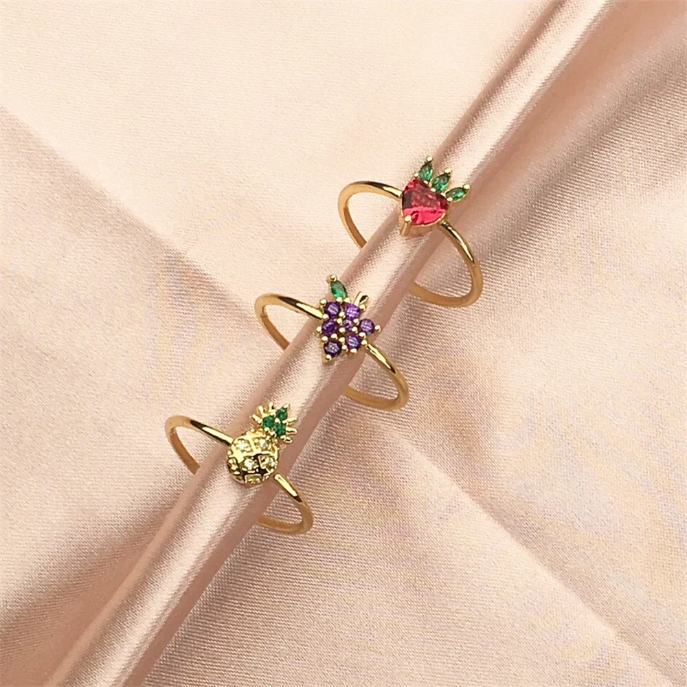 

Popular CZ Zircon Fruit Strawberry Grape Finger Ring Hot Selling Gold Plated Cubic Zirconia Pineapple Geometric Opening Rings