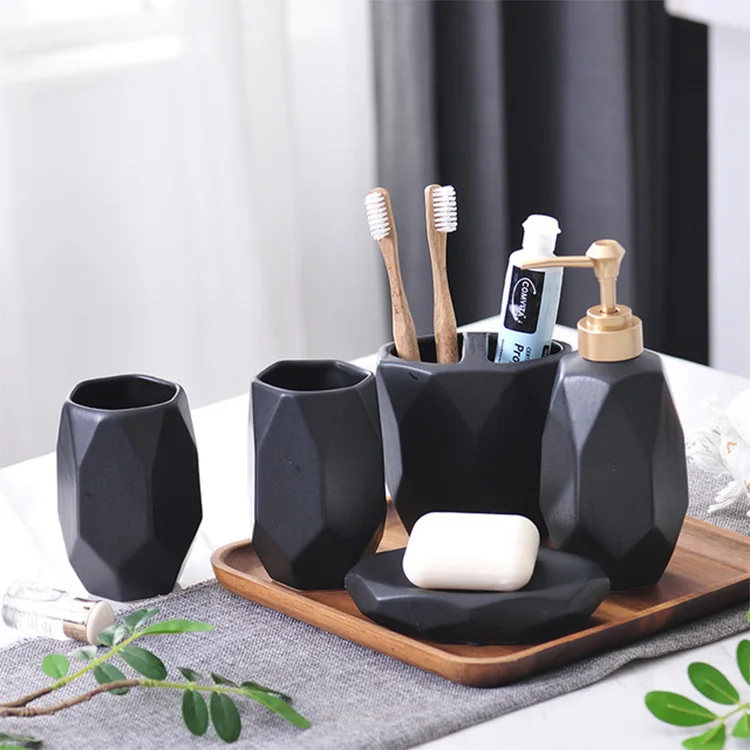 

Modern Simple Style Solid Color 5 piece Set Ceramic Anti-skid Luxury Hotel Bathroom Accessories Set, Natural