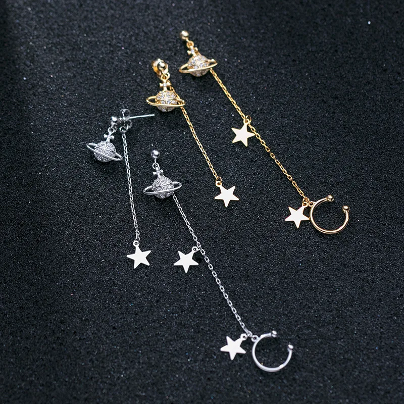 

Combination Saturn Star Drop Earrings Gold Plated Tarnish Resistant Jewelry Sterling Silver Zircon Planet Tassels Earrings, Gold,silver