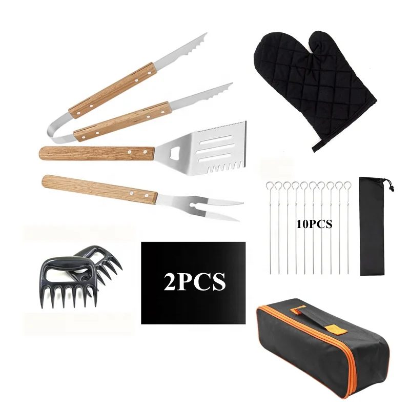 

Wholesale Custom Outdoor Heavyduty Bbq Accesories Grill Tools Barbeque Utensils Wood Handle 18 Pieces Stainless Steel Bbq Tools