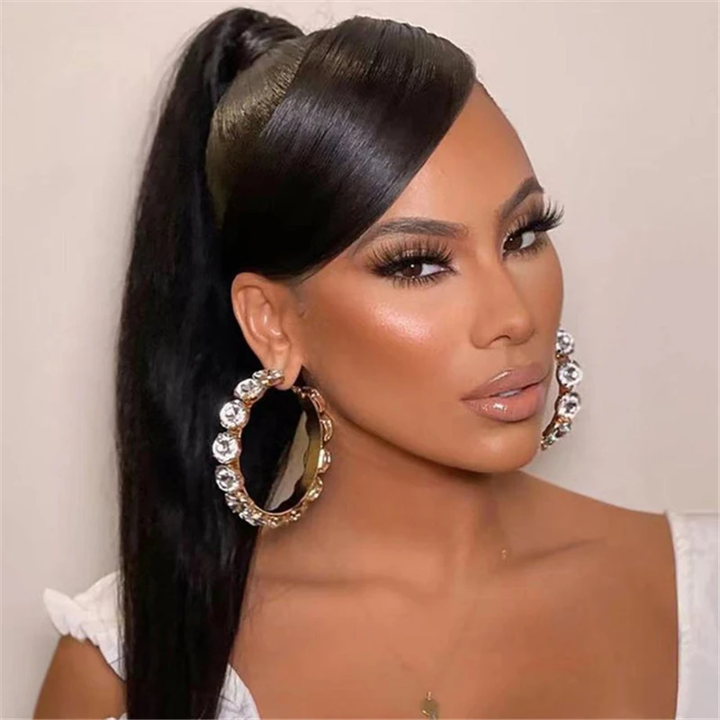

Trendy Women Jewelry Glass Diamond Round Metal Earring Big Rhinestone Hoop Earrings