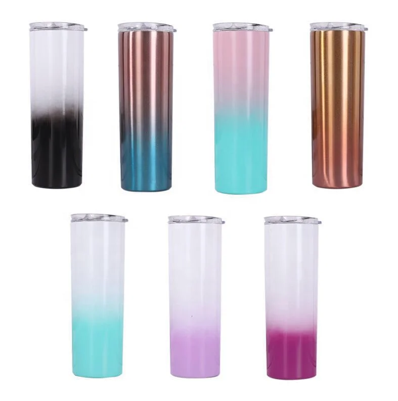 

2020 Bulk no seam blank stainless steel double wall 20 oz gradient tumbler color skinny tumbler with leak proof lid and straw, 7 colors stocked