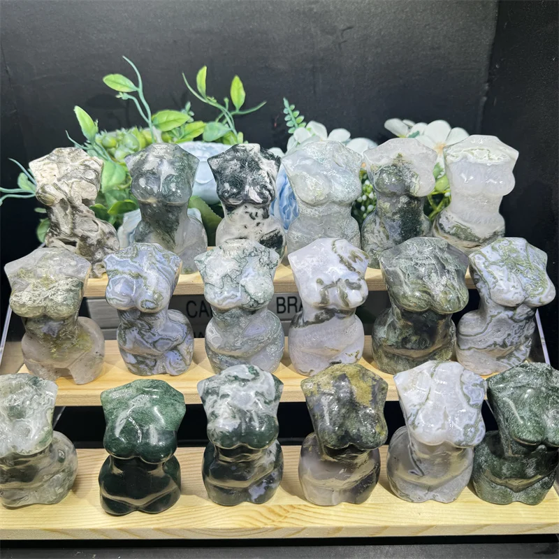 Natural  Fengshui Natural Crystals  Handmade Healing Stone Moss Agate Lady Body  Carving  for Decoration