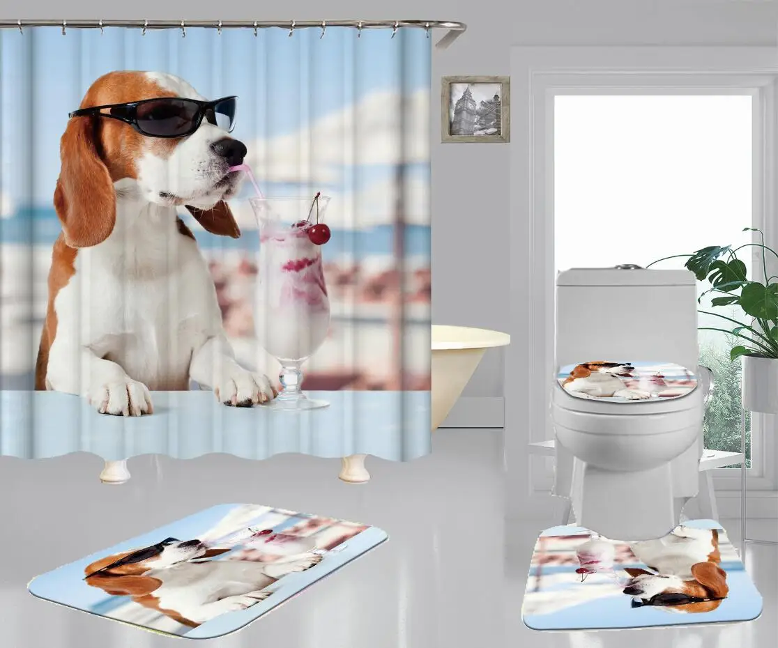 

Funny Dog Print Curtain For Shower Room With Toilet Seat Cushion Mat