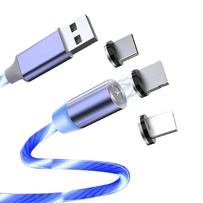 wholesale 3in1magnetic fast charging usb cable flowing light phone accessories cable usb led luminous micro usb cables