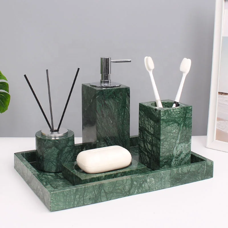 

Green natural marble polished bathroom accessory complete set for vanity countertops