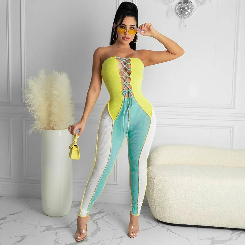 

Wholesale Hollow Out New Splice-colored Sleeveless Lanyard-bound Tights-and-tights Jumpsuit, Yellow pink