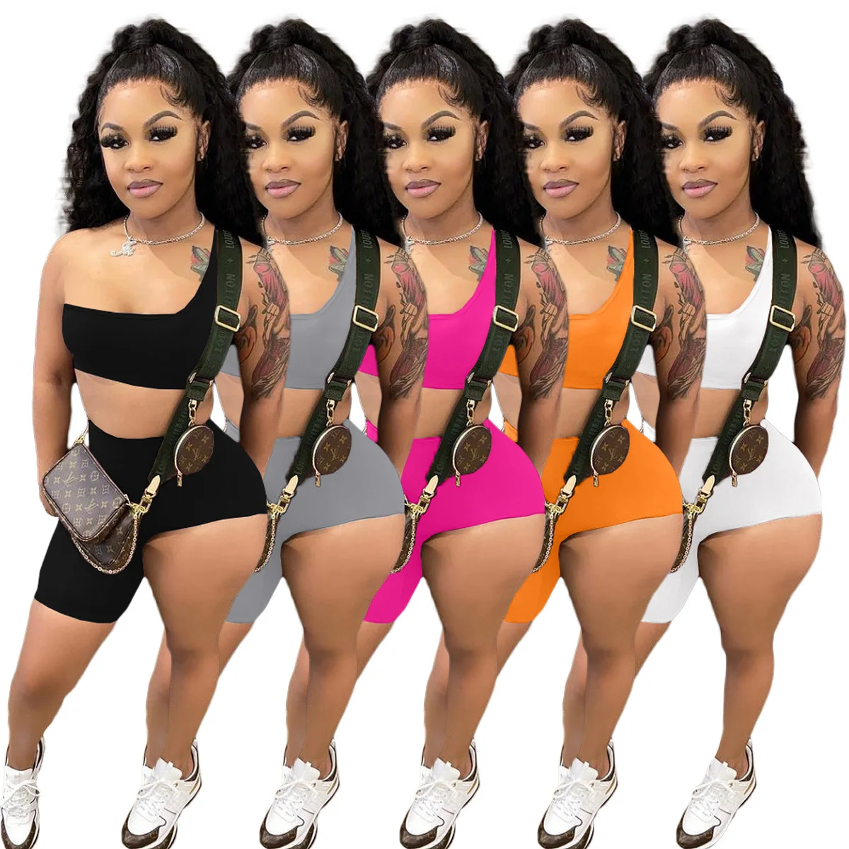 

Custom Logo One Shoulder Sleeveless Crop Top Irregular Shorts Summer Skinny Two Piece Short Set, 5 colors