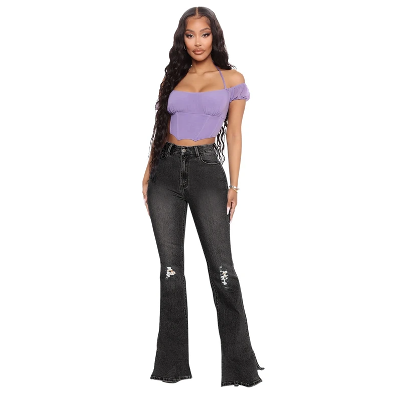 

Wholesale High Waist Micro-elastic Lace-up Flare Bell Bottom Pants Women Wide Leg Pants Jeans