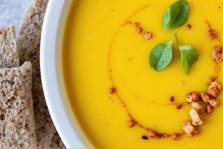 Golden turmeric soup in white ceramic bowl with fresh garnish