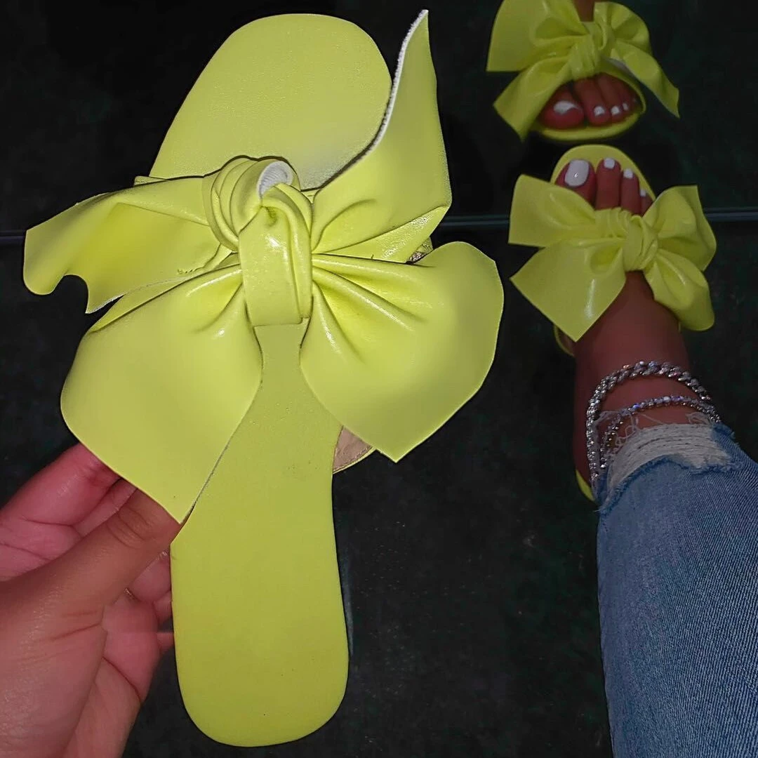 

2021 Summer Flat Large Size Women's Shoes Casual Bow Breathable Beach Solid Color Leather Sandals Slippers, Pictures