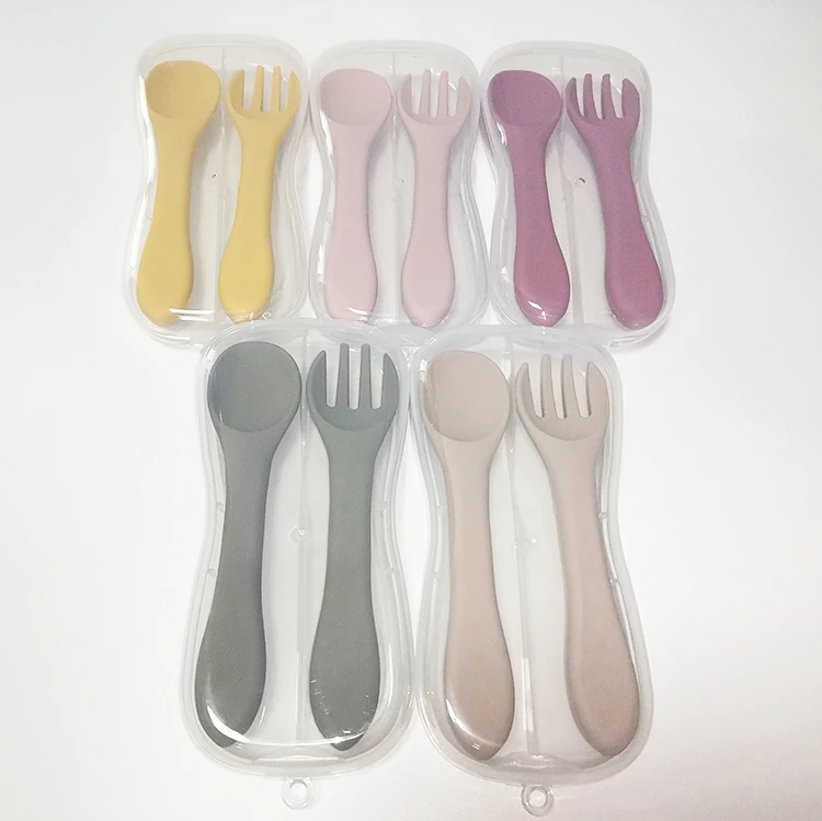 

CFT Conjunto Tenedor Ouchara Kids Feeder Food Grade Silicone Baby Training Spoon And Fork Set In Case, 11 colors