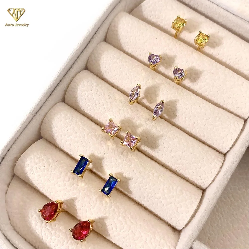 

Accept Custom Color Pear Cut Zirconia 18K Gold Plated Mini Stud Earrings, Picture shows