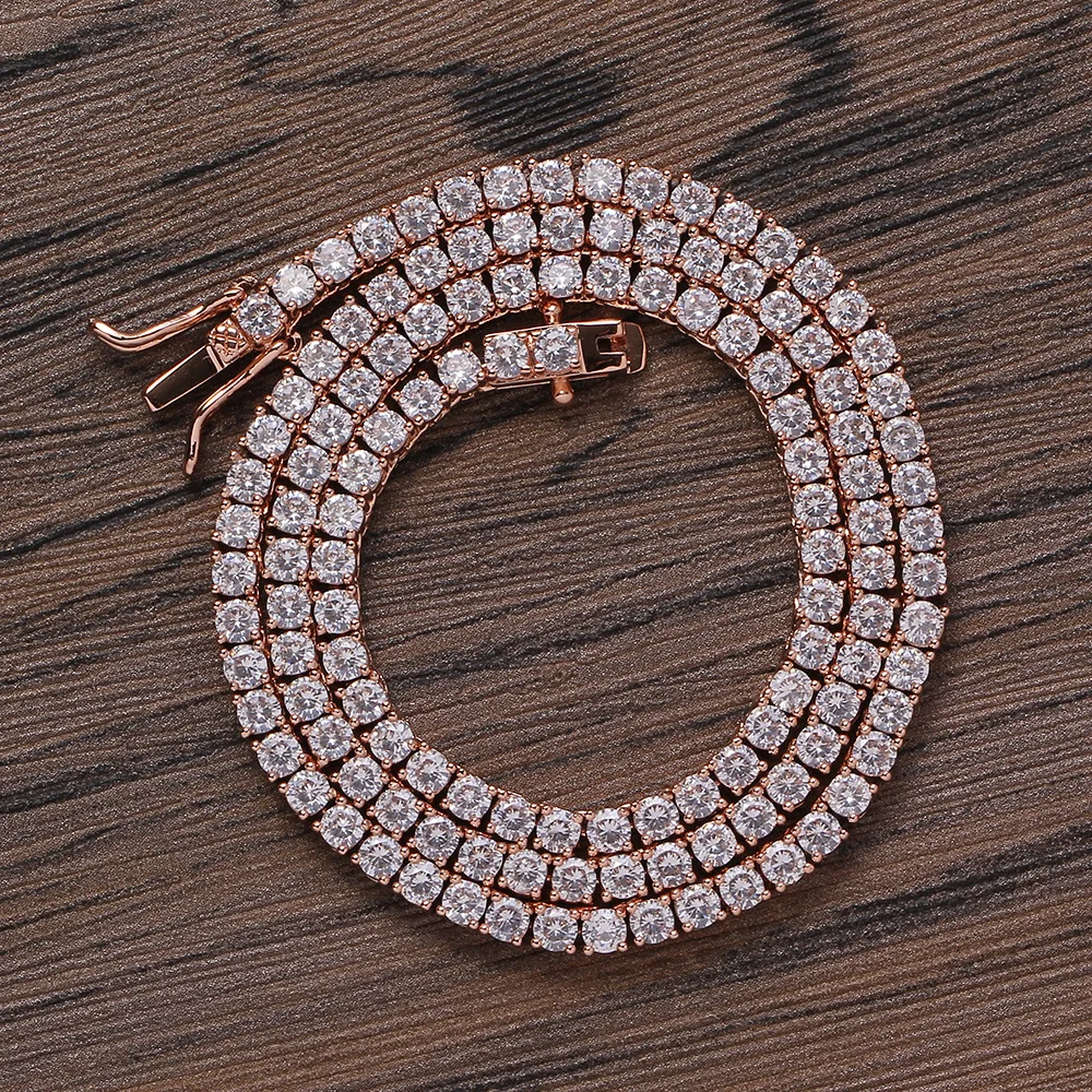 

BC108 3mm 4 prong Tennis Chain 16" 18" Rose Gold clear stone brass setting CZ Necklace Iced Out Cubic Zirconia