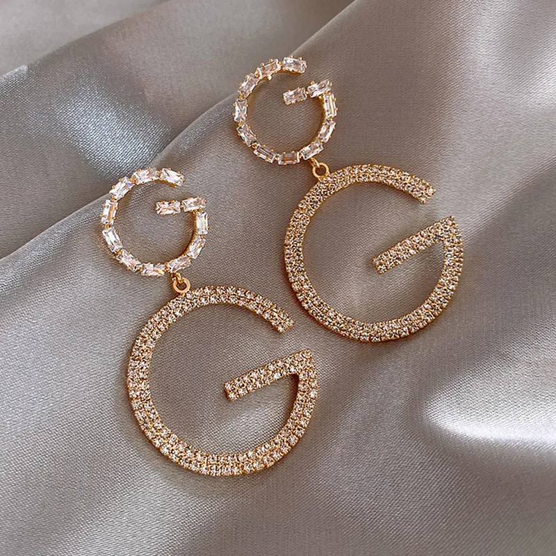 C&J 2 Styles Irregular Texture 18K Gold Plated Geometric Initial Letter Earrings Bling Rhinestone Letter GG Earrings